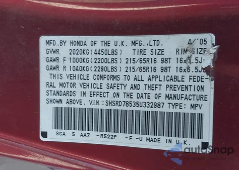 2005 Honda Cr-V Lx из США, поврежденный, VIN SHSRD78535U332987